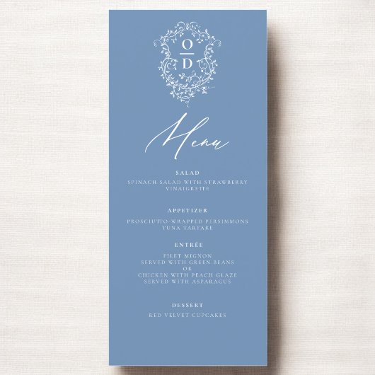 Stof blauw monogram elegant huwelijksfeest menu