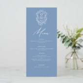 Stof blauw monogram elegant huwelijksfeest menu (Staand voorkant)