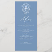 Stof blauw monogram elegant huwelijksfeest menu (Voorkant)