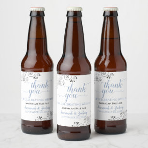 Stof Blauw op Witte Zilveren Kant Trouw Bruiloft D Bier Etiket