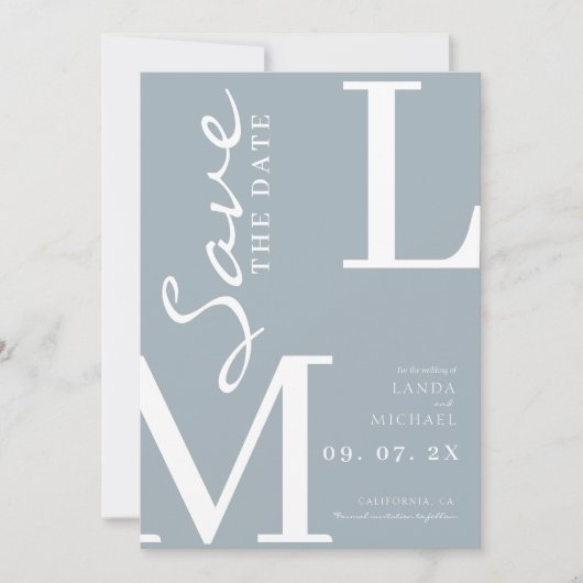 Stof blauw oranje stijlvol monogram trouwen save the date (Voorkant)