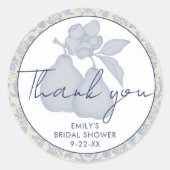 Stof blauw perfecte peer bruidsdouche dank je wel ronde sticker (Voorkant)