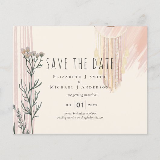 Stof Blauw Perzik BOHO Trouwwkaart "Save the Date" (Voorkant)