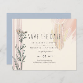 Stof Blauw Perzik BOHO Trouwwkaart "Save the Date"