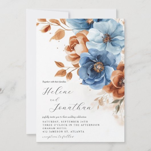 Stof Blauw Terracotta Roest Elegante Bloemige Brui Kaart (Voorkant)