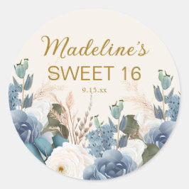 Stof Blauw Witte Bloem Sweet 16 Verjaardag Naam Ronde Sticker