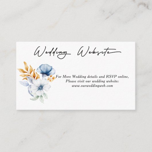 Stof Blauw Witte Gouden Bloemige Trouwwebsite  Informatiekaartje (Voorkant)