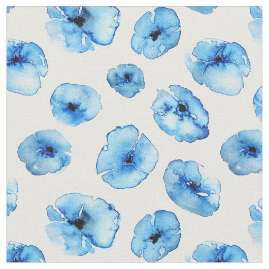 Stof - Blauwe Papavers Waterverf (Close Up)