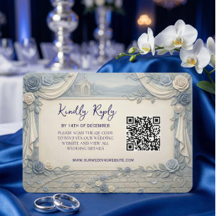 Stof blauwe roos QR-code bruiloft RSVP Kaartje