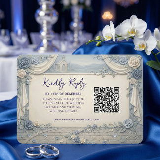 Stof blauwe roos QR-code bruiloft RSVP Kaartje