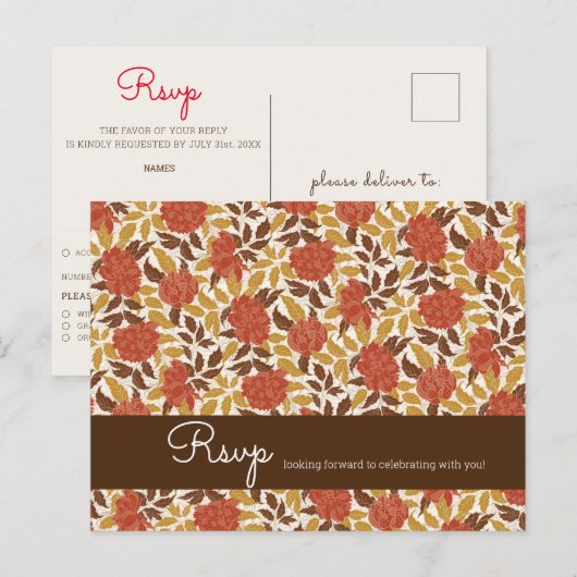 Stof Bruin Oranje Pioen Bloemen Herfst Bruiloft Briefkaart (Voorkant / Achterkant)