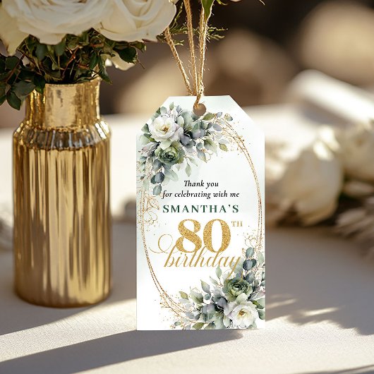 Stof Groen 80ste Verjaardag Botanische Blad Tag Cadeaulabel