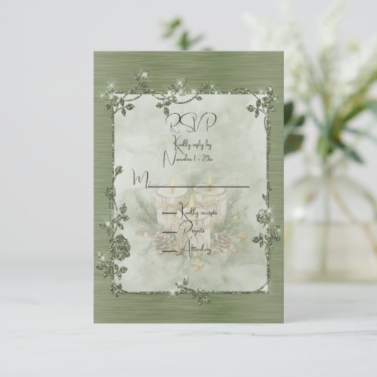 Stof Groen Glanzend Elegant Glitterend Frame RSVP Kaartje (Staand voorkant)
