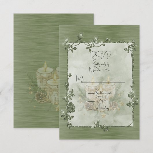 Stof Groen Glanzend Elegant Glitterend Frame RSVP Kaartje (Voorkant / Achterkant)