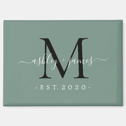 Stof groene moderne script monogram namen jaar magneet (Voorkant)