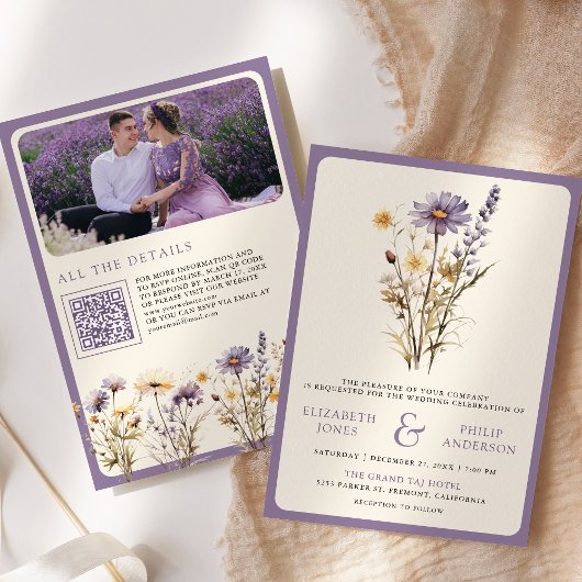 Stof Paars Boho Wilde Bloem Foto QR Code Trouwen Kaart