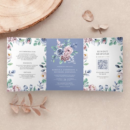 Stof Periwinkle Blauwe Roze Bloemige QR Code Huwel Drieluik Uitnodiging