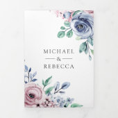 Stof Periwinkle Blauwe Roze Bloemige QR Code Huwel Drieluik Uitnodiging (Cover)