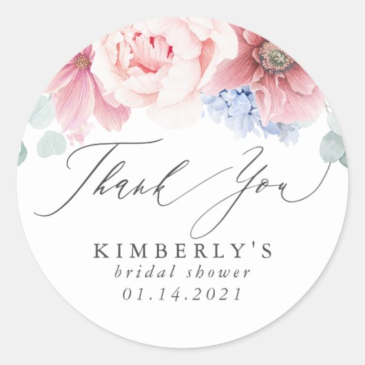 Stof Roos en Stof Blauw Bloemige Dank Je Wel Ronde Sticker (Voorkant)