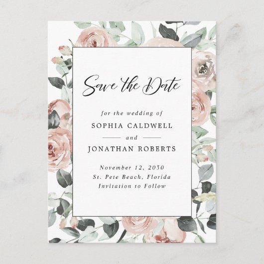 Stof Roos Floral Eucalyptus Save the Date Aankondigingskaart (Voorkant)
