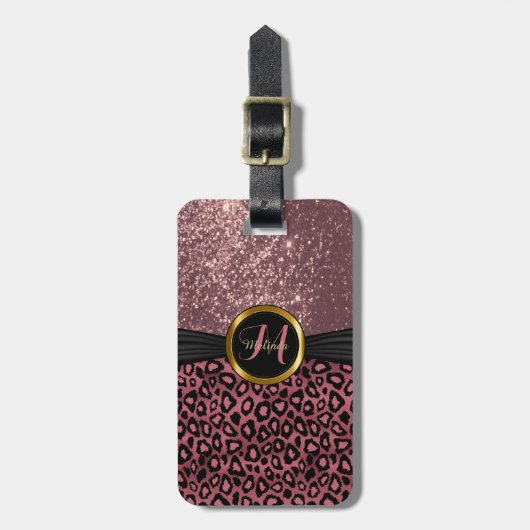 Stof Roos Leopard Skin and Glitter Monogram Bagagelabel (Voorkant verticaal)