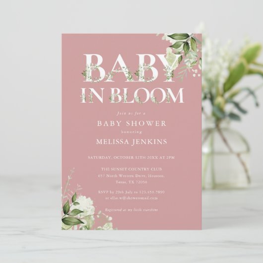 Stof Roze Baby In Bloom Loof Foto Baby Shower Kaart (Staand voorkant)