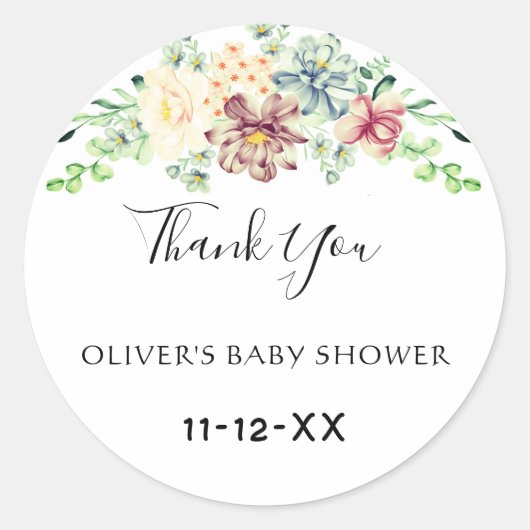 Stof Roze Blau Bloemige Baby Shower Bedankt Ronde Sticker (Voorkant)
