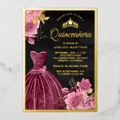 Stof Roze Bloemige Pruim Jurk Zwart Quinceanera Go Folie Uitnodiging (Voorkant)