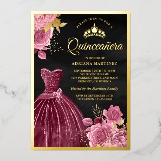 Stof Roze Bloemige Pruim Jurk Zwart Quinceanera Go Folie Uitnodiging (Voorkant)