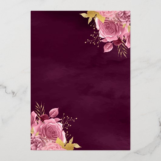 Stof Roze Bloemige Pruim Jurk Zwart Quinceanera Go Folie Uitnodiging (Achterkant)