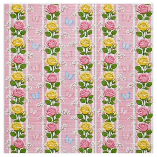 Stof Roze & Gele Rozen Bloemstreep (Swatch)