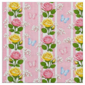 Stof Roze & Gele Rozen Bloemstreep (Close Up)