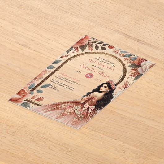 Stof Roze Goud Quinceañera Jurk Bloem Quince Acryl Uitnodigingen (Laagn)