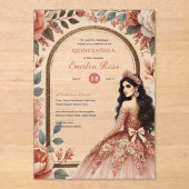 Stof Roze Goud Quinceañera Jurk Bloem Quince Acryl Uitnodigingen (Voorkant)