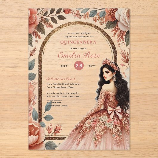 Stof Roze Goud Quinceañera Jurk Bloem Quince Acryl Uitnodigingen (Voorkant)