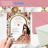 Stof Roze Goud Quinceañera Jurk Bloem Quince Acryl Uitnodigingen