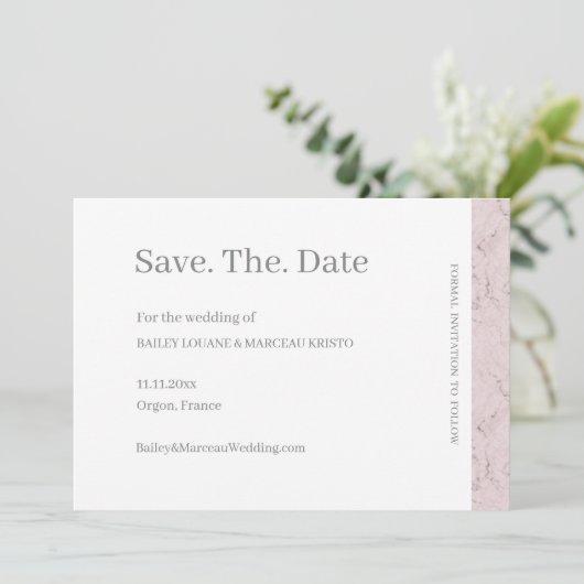 Stof Roze Grijs Witte Marmer Save The Date Trouwda Kaart (Staand voorkant)