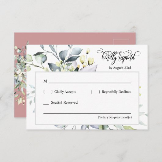 Stof Roze Groene Bladeren Reactie Adres Ondersteun RSVP Kaartje (Voorkant / Achterkant)