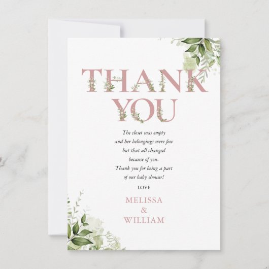 Stof Roze Groene Letter Baby Shower Gedicht Bedankkaart (Voorkant)