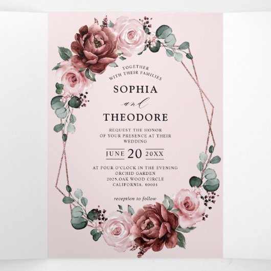 Stof Roze Mauve Roos Bloemige Geometrische Trouw T Drieluik Aankondiging (Binnenkant midden)