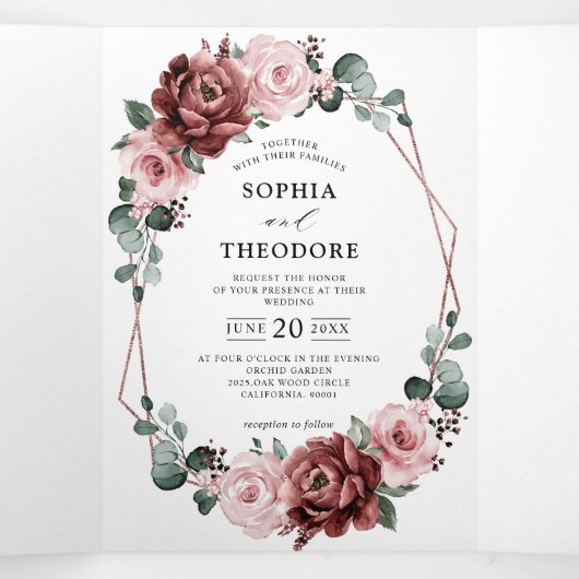 Stof Roze Mauve Roze Bloemige Geometrische Trouw  Drieluik Aankondiging (Binnenkant midden)