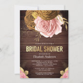 Stof Roze Roos Aardse Bloemige Houten Bruidsdouche Kaart (Voorkant)