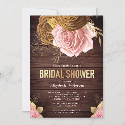 Stof Roze Roos Aardse Bloemige Houten Bruidsdouche Kaart (Voorkant)