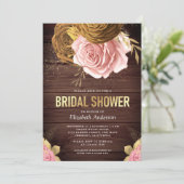 Stof Roze Roos Aardse Bloemige Houten Bruidsdouche Kaart (Staand voorkant)