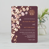 Stof Roze Roos Gouden Chinese Trouw Folie Uitnodiging (Staand Voorkant)