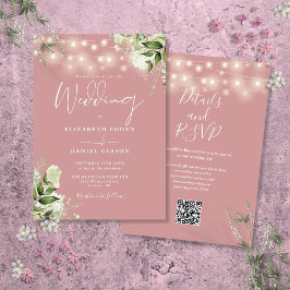 Stof Roze Slingerlichten Bloem QR Code Trouwen Kaart