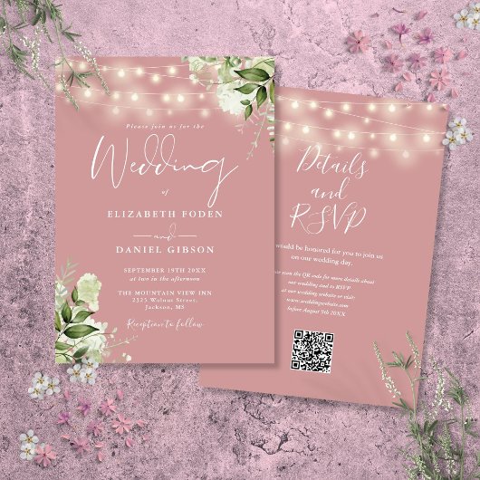 Stof Roze Slingerlichten Bloem QR Code Trouwen Kaart