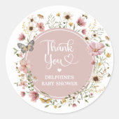 Stof Roze Wilde Bloem Vlinder Meisje Baby Shower Ronde Sticker (Voorkant)