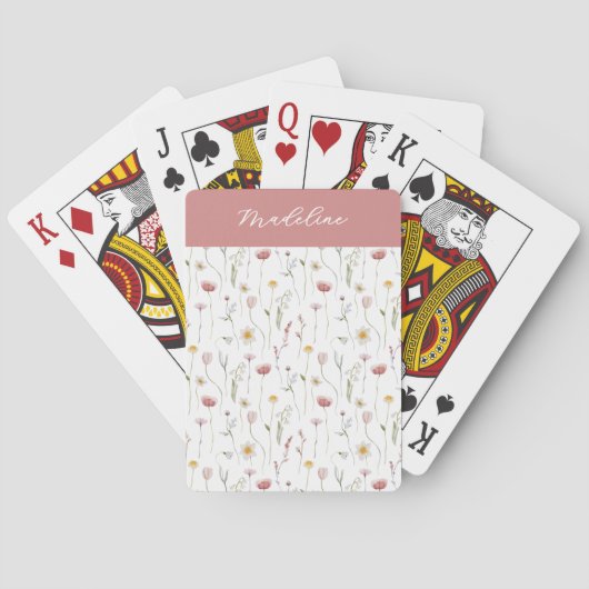 Stof Roze Wilde Bloem Waterverf Monogram Naam Pokerkaarten (Achterkant)
