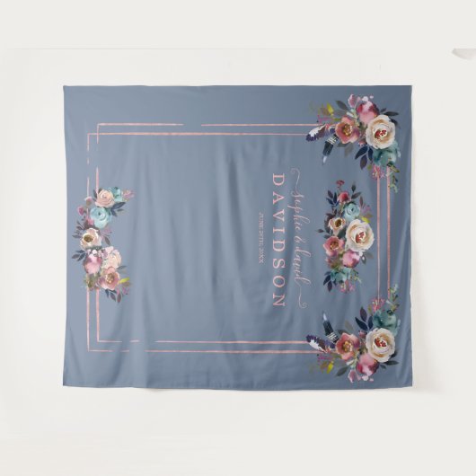 Stof Stof Blauw Roze Bloem Roze Goud Foto Booth Wandkleed (Voorkant (horizontaal))